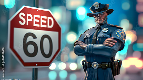 Policeman standing by a 60 mph speed limit sign at night with city lights in the background.