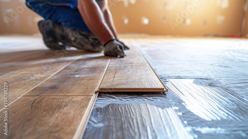 person installing wood flooring in an empty room,a close up of a man laying a wooden floor on a hard wood floor depicts a man installing wooden flooring. home renovation, construction,new floor instal