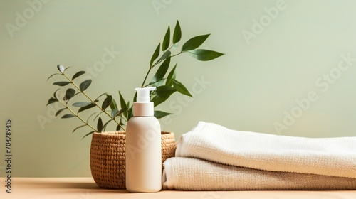  Top view vertical photo of ceramic vase with eucalyptus white towel cream jar glass bottles with natural cosmetics on wicker stands on isolated pastel beige background