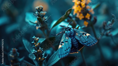  a close up of a butterfly on a plant with yellow flowers in the foreground and a blue sky in the background.
