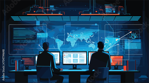 cybersecurity with a vector scene featuring cybersecurity professionals monitoring networks, analyzing logs, and responding to potential threats in real-time. 