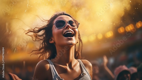 A vibrant Hyper-realistic portrayal of a young woman immersed in the euphoria of a summer music festival concert, capturing every detail with precision and intensity