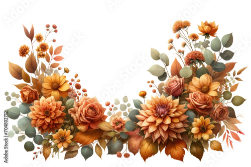 Autumn floral corner border with dahlia, rose and eucalyptus leaves. Fall frame, banner, Botanical plant illustration , elegant watercolor ,transparent background, PNG element ,Wedding Stationery.