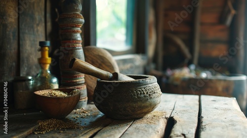  a wooden table topped with a mortar bowl and a wooden bowl filled with grains next to a bottle of wine.