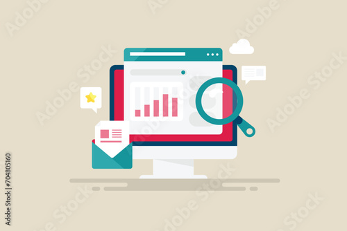 Monthly marketing activity report on pc screen, digital copy of statement send via email, business and financial data analytics with cloud technology interface, vector illustration.