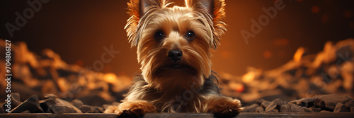 Closeup of silky terrier dog on a blurred brown background.Animal wide web banner