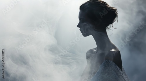 a woman in a white dress standing in front of a cloud of smoke with her head turned to the side.