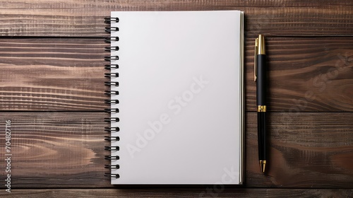 Mockup blank space on spiral notebook. White template on sketch book, vertical full page with black and gold pen. Top view of paper for draw, note, to do list for creative design