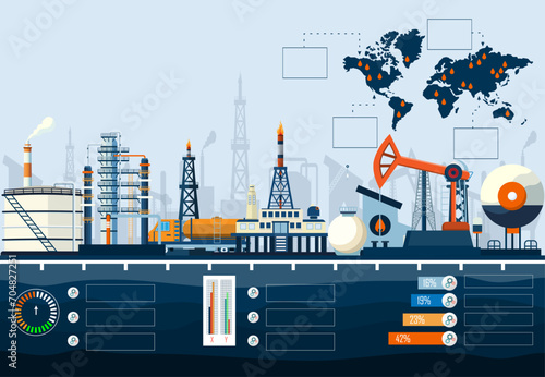 Oil and Gas industry infographic with offshore oil rig, tanker, pump, transportation, factory and gas station. Vector illustration eps10