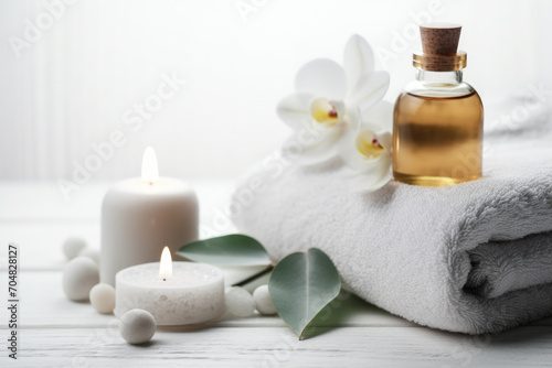 High angle view about beauty treatment items for spa procedures, like massage stones, essential oils and towels, decorate white flowers, on a white wooden table.