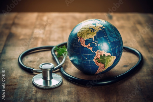 Stethoscope with globe on wooden background. World health day. earth day