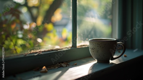  a coffee cup sitting on a window sill next to a window sill with a view of the outside.