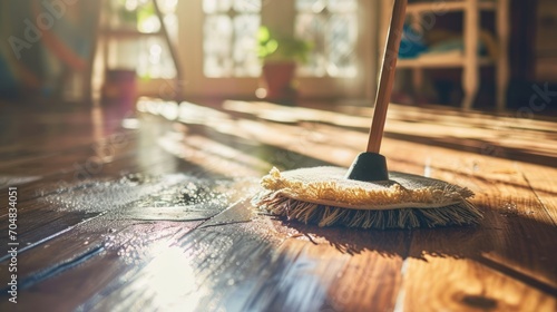  a broom sitting on top of a wooden floor on top of a hard wood floor next to a potted plant.