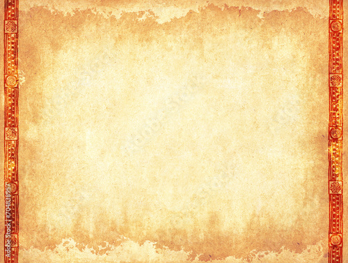 Horizontal or vertical grunge background with border with ethnicity ornament and paper texture of yellow color. Retro backdrop with african tribal motifs frame. Mock up template. Copy space for text