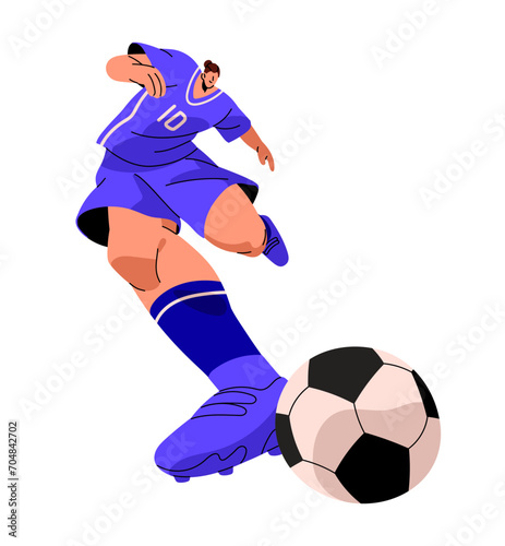 Young athlete in soccer shoes training to score goal. Professional football player kicks ball. Sportsman plays team sport game. Dynamic motion. Flat isolated vector illustration on white background