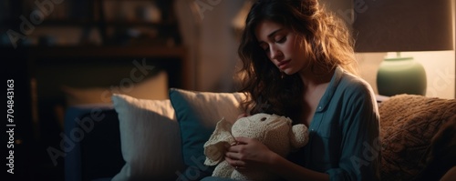 A woman holding a plush toy for sleeping. Sleepless night.