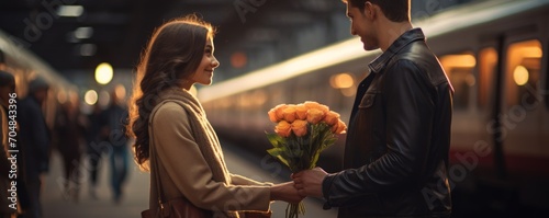 Young man giving bouquet of roses to his girlfriend at train station.