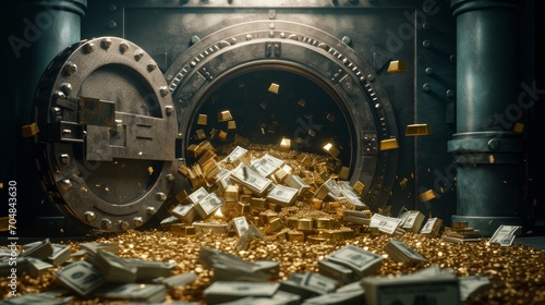 A vault overflowing with gold bars and cash.