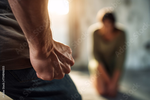 Aggressive man with clenched fist with woman in blurry background
