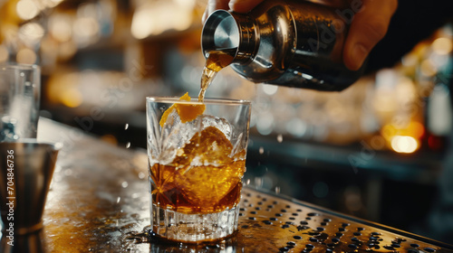 Close-up of a bartender pouring whiskey into a glass with ice cubes
