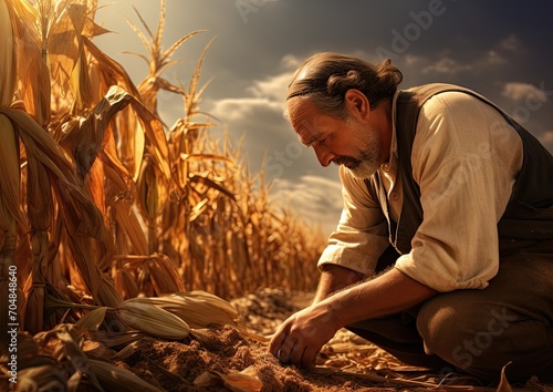 A naturalistic image of a Thanksgiving pilgrim harvesting corn in a sun-drenched field. The