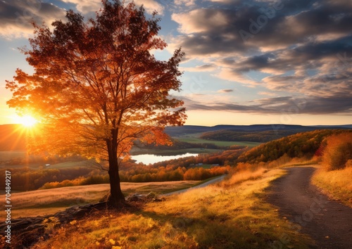 A panoramic view of a picturesque autumn landscape, with rolling hills and vibrant foliage, where a