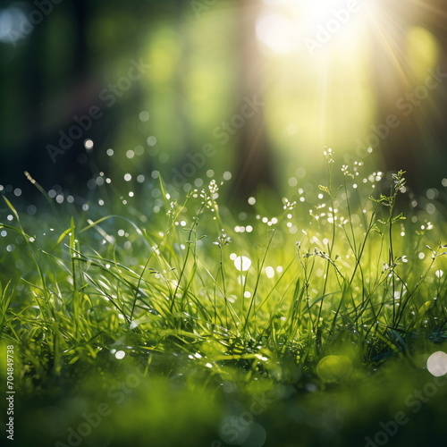 Morning Dew on Green Grass with Sunlight Filtering Through Trees