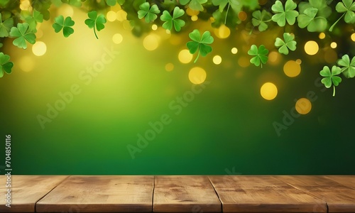 Empty wooden table mockup with defocused green and gold background, Image for display or montage your christmas products. Copy space, shamrock and golden glitter for Saint Patrick's Day designs.