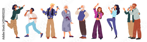 Happy karaoke singers. Cartoon people sing songs. Cute vocalists hold microphones in hands. Professionals and amateurs. Musicians performance. Talented men and women. Garish vector set