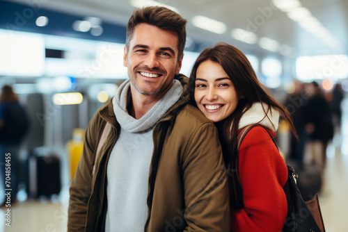 Portrait of happy, smiling young couple traveling on vacation at the airport. People on the go. Generative Ai illustration.