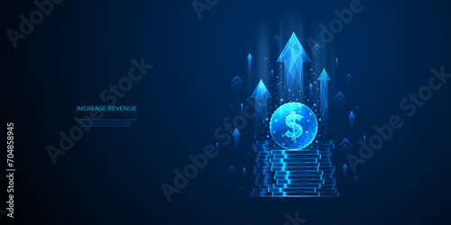 Increase Revenue Concept. Light Blue Dollar Coin and Money Stack with Growth Arrows Up on Technology Background. Financial Profit and Budget Metaphors. Digital Vector Low Polygonal Illustration. 