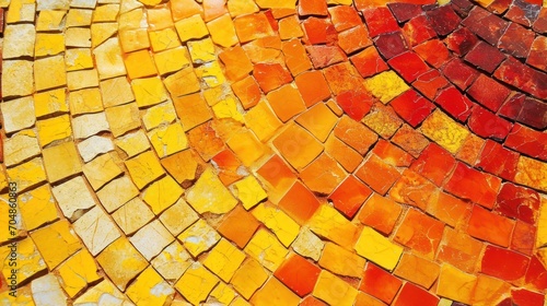  a close up of a yellow and red mosaic tile wall with a red and yellow stripe in the middle of it.