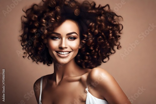 Fashion studio portrait of beautiful smiling woman with afro curls hairstyle. Fashion and beauty 