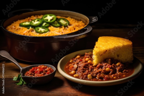 A delicious plate of chili and cornbread accompanied by a pot of hot and flavorful chili, A piping hot pot of chili with a side of cornbread, AI Generated