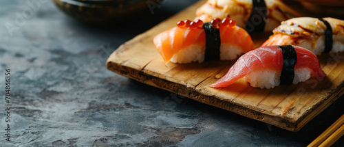 Nigiri sushi, with empty copy space, minimalist, traditional, dining room, natural light, professional food photography