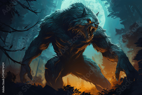  Illustration of a werewolf transformation under a full moon, with a forest backdrop