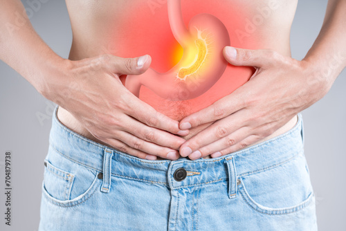 Stomach ulcer, man with abdominal pain suffers from abdomen disease, symptoms of gastritis, diseases of the digestive system