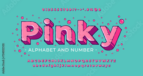 Bright pink cartoon 3D font with ink outline and drips. Playful retro bold alphabet with numbers, letters and symbols. Vector illustration