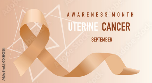 Uterine Cancer Awareness Month in September. Endometrial cancer and uterine sarcoma. Peach ribbon. Poster