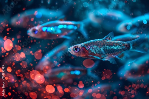 Neon tetra fish swimming in blue illuminated water with red bokeh lights.