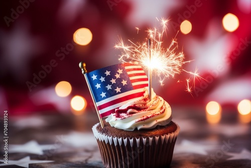burning sparkler on cupcake against defocused usa flag background