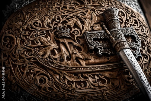 The detailed carvings on the hilt of a medieval sword, telling the story of battles fought and victories won.