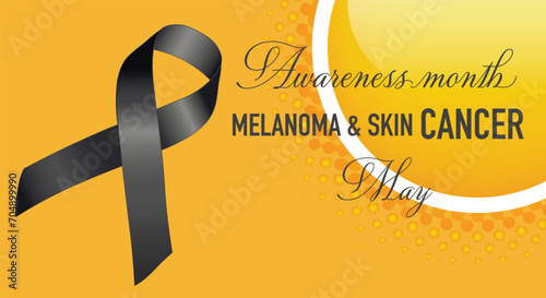 Melanoma and Skin Cancer Awareness Month. Black ribbon on gradient orange background and sun icon. Exposure to ultraviolet UV rays occurs in May.
