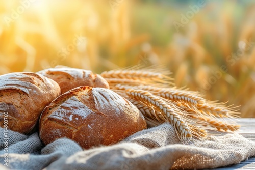 baked bread on the table, blurred nature background