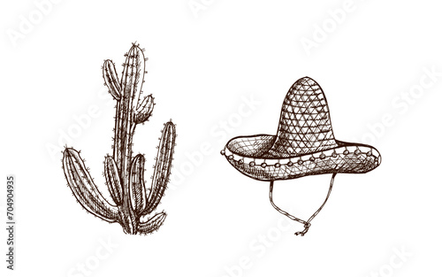Hand-drawn sombrero and cactus sketches. Vintage drawing of hat. Vector black ink outline illustration. Mexican culture, clothes, Latin America..
