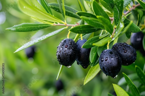 Ripe black olives on the tree with green leaves and water drops