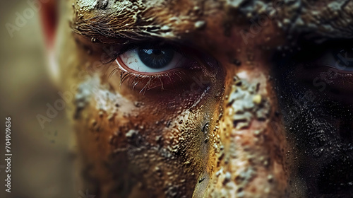 Closeup of a man with an intense gaze, mud and sweat on face