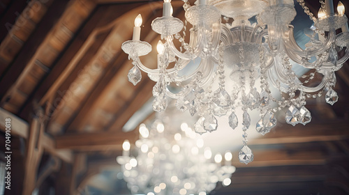 Luxurious chandelier with white natural crystal stone, chandelier hanging from ceiling. 