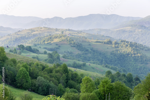 Mountain ridge in spring sunny morning in Carpathian Mountains