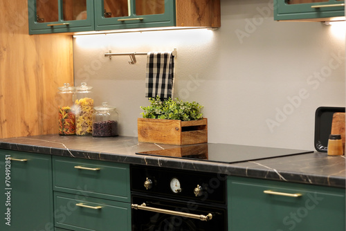 modern kitchen interior with laminate countertop